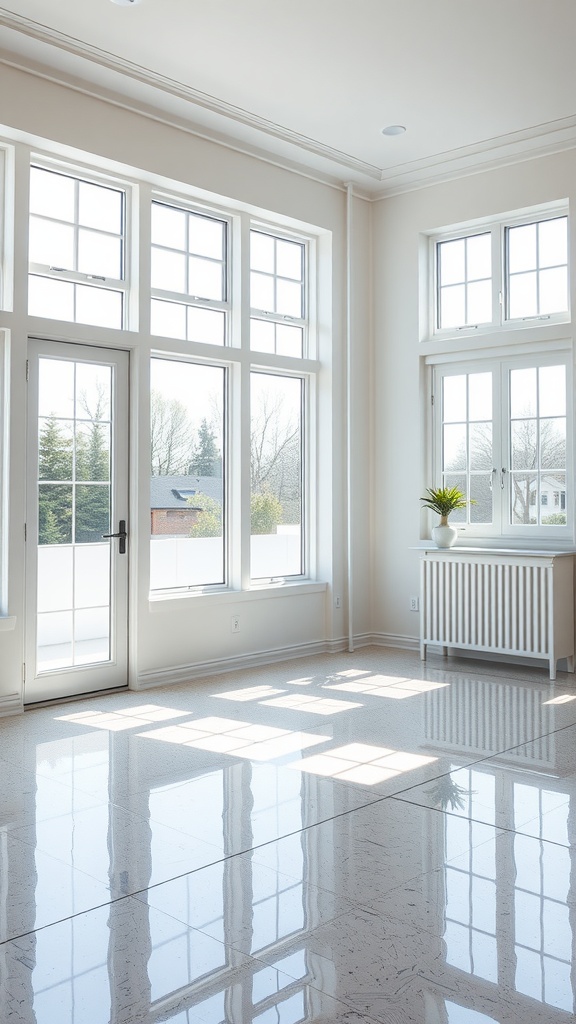 Bright and airy bedroom with reflective epoxy flooring and large windows