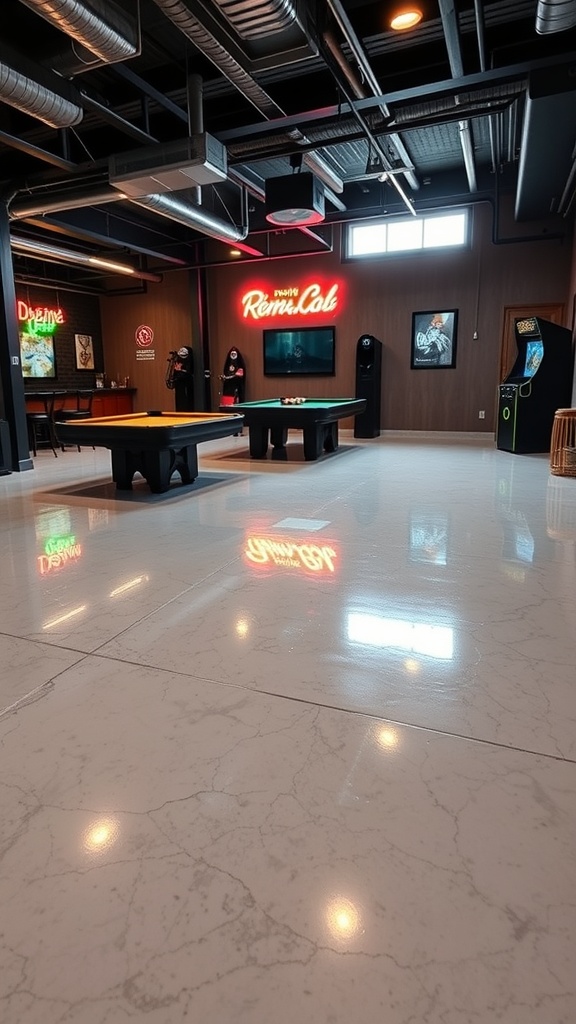 A game room with a shiny metallic epoxy floor, pool table, and neon signs.