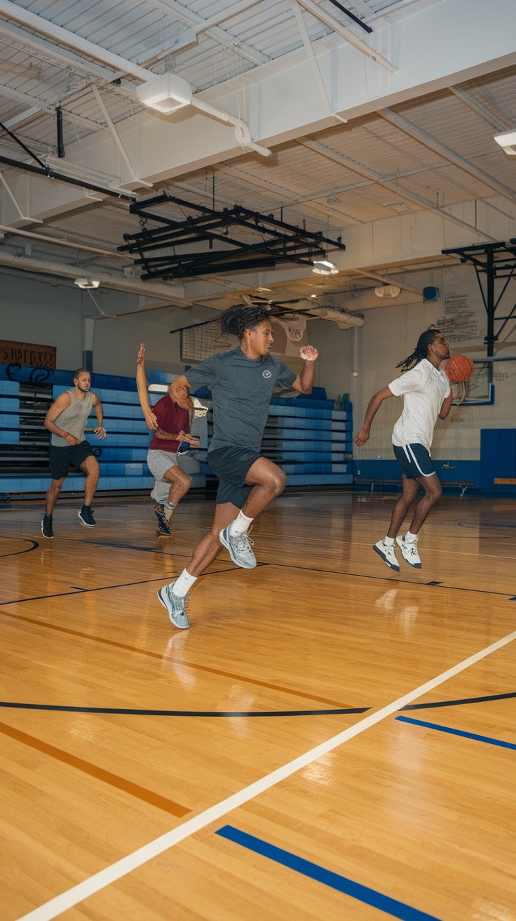 Group of athletes practicing basketball drills on a wooden gym floor.