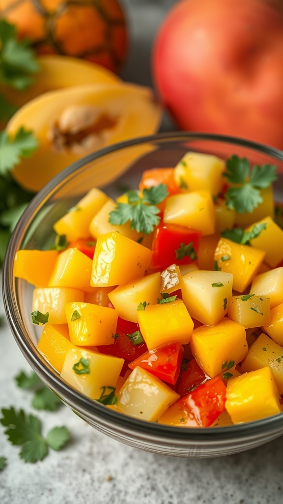 A colorful bowl of fruit-enhanced Pico de Gallo with diced tomatoes, mango, pineapple, and cilantro.
