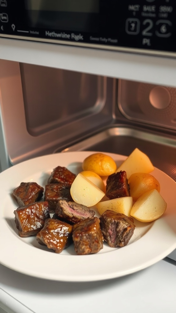 Plate of garlic butter steak bites and potatoes ready to be reheated