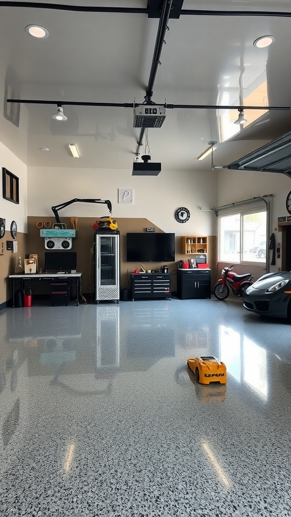 A sleek garage workshop featuring a polished epoxy floor, gaming setup, and organized tools.