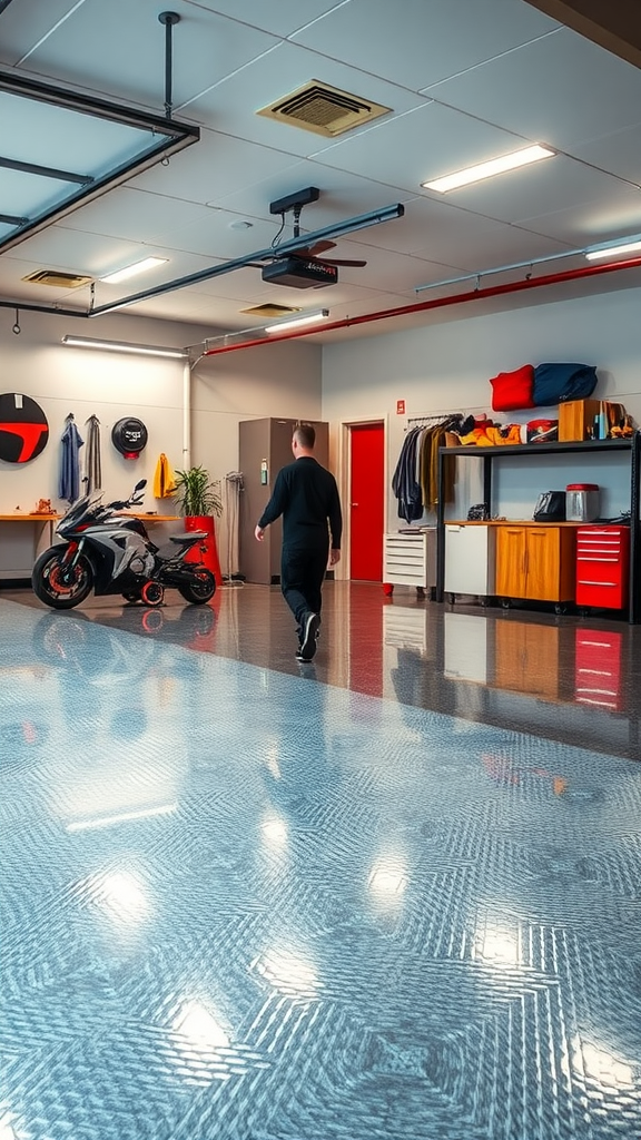 A modern garage with an epoxy floor, showcasing its polished and clean look.
