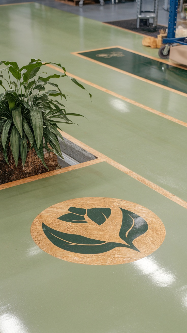 Epoxy floor with a green design and plant decor.
