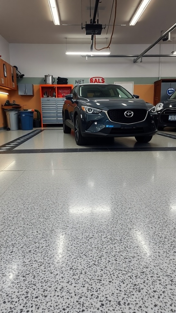 A modern garage featuring a speckled epoxy floor with a sleek car parked above it.
