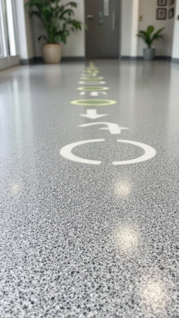 A smooth epoxy floor with directional markings and indoor plants.