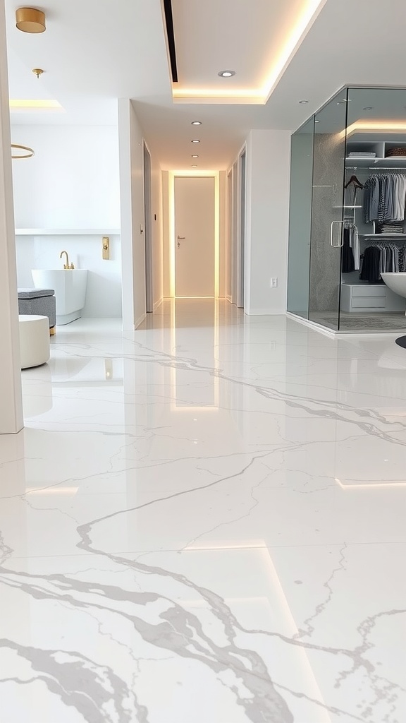 A modern interior with a glossy epoxy floor that resembles marble, showcasing a bright hallway leading to a stylish bathroom.