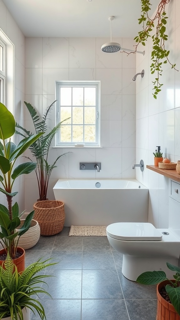 A modern bathroom with plants, a bathtub, and a clean design.