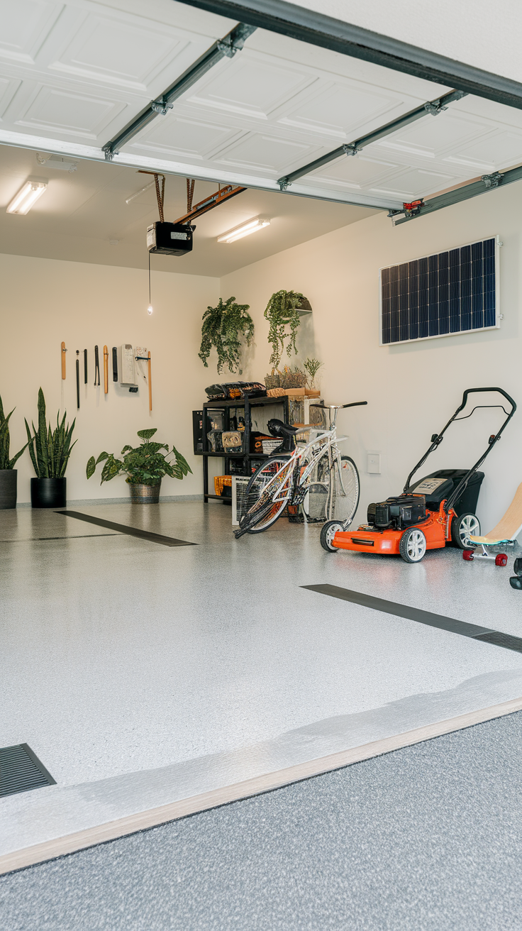 A clean and organized garage with a well-maintained epoxy floor.