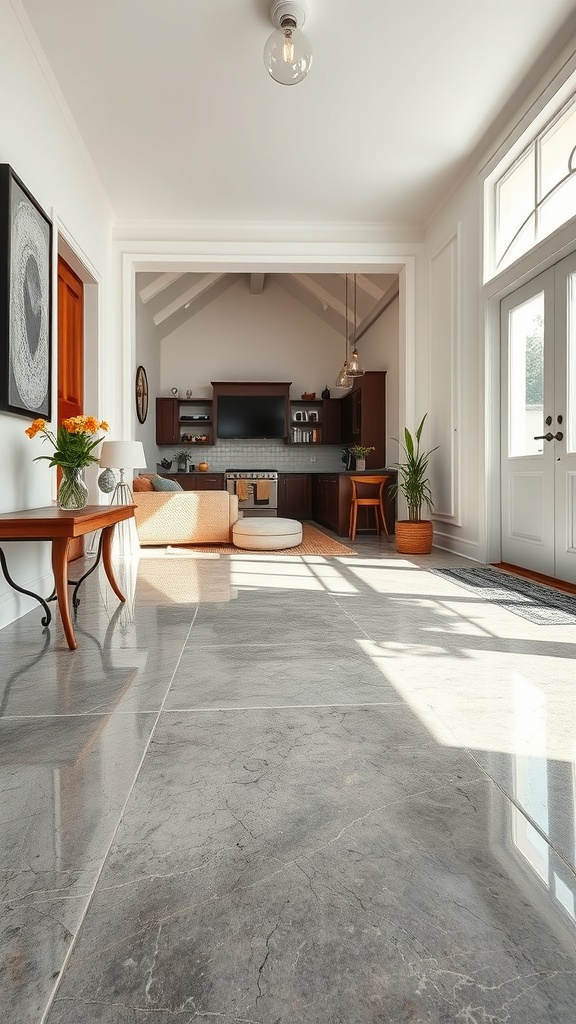 A bright interior space featuring glossy epoxy flooring, showcasing a modern living area.