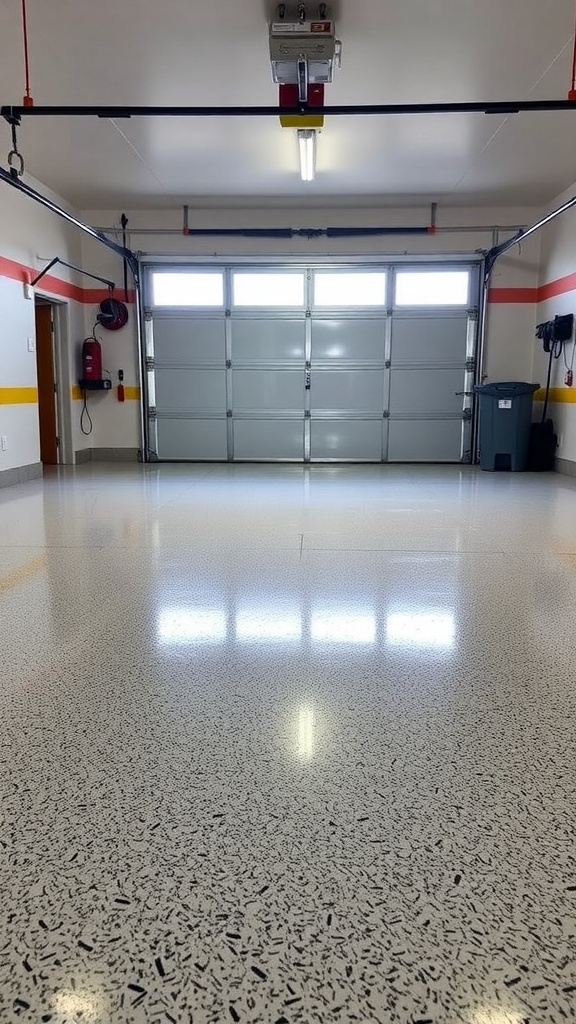 A modern garage with a shiny epoxy-coated floor, showing its durability and stylish design.