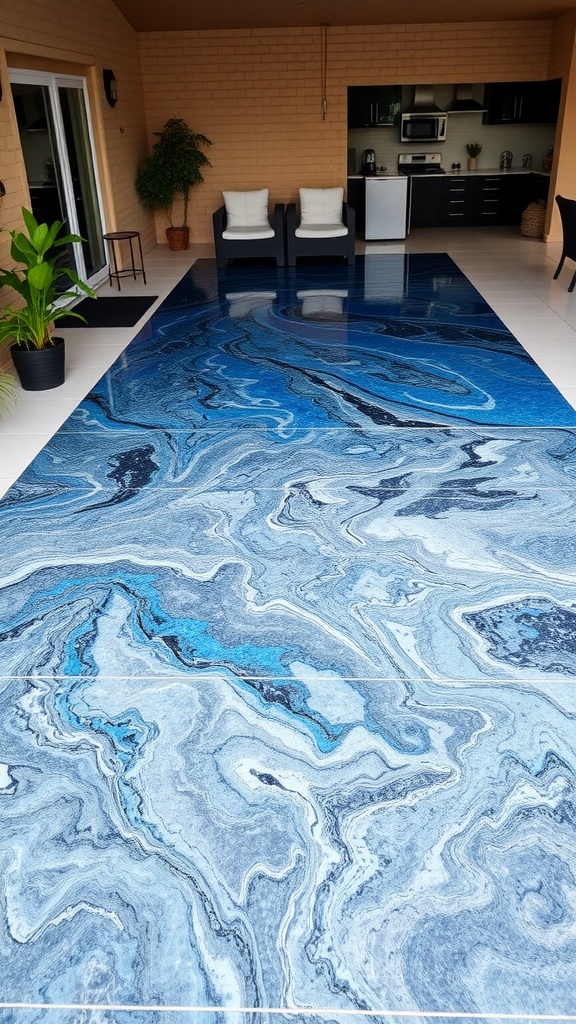 Outdoor patio featuring beautiful blue epoxy flooring