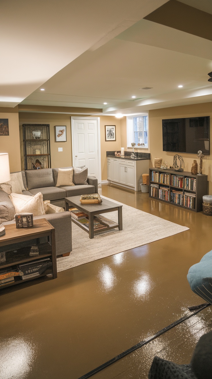 Cozy basement with a polished epoxy floor and warm lighting