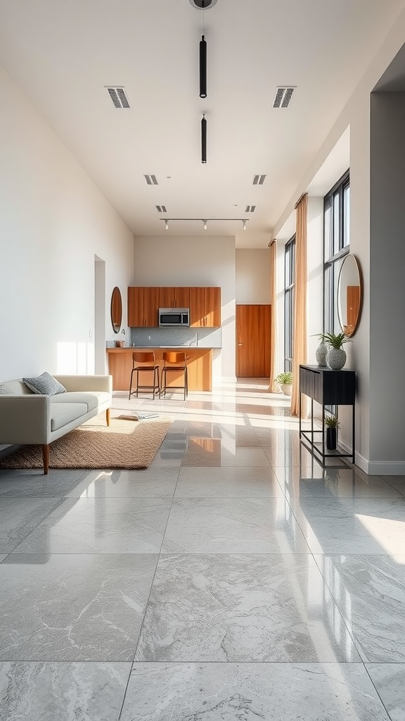 A modern kitchen with epoxy concrete flooring, featuring sleek design and bright lighting.