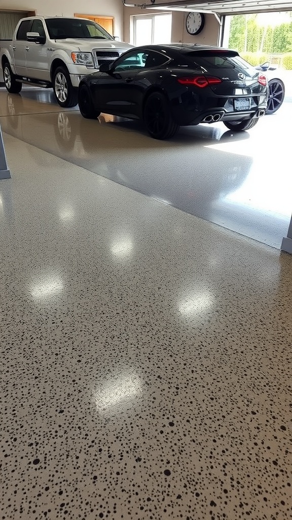 A garage with a speckled epoxy floor and two cars parked on it.