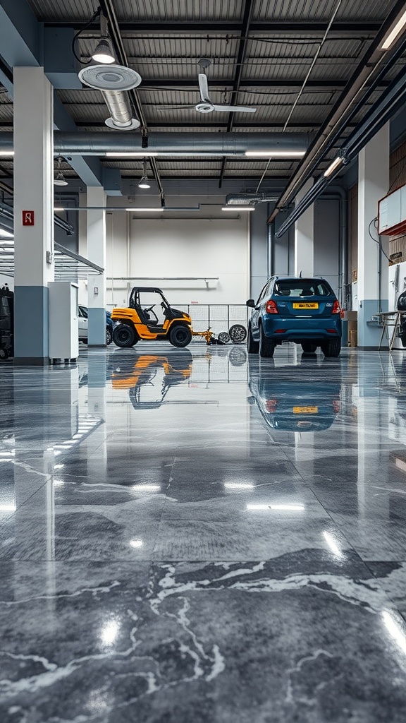A bright, polished metallic epoxy floor in a garage with heavy machinery.