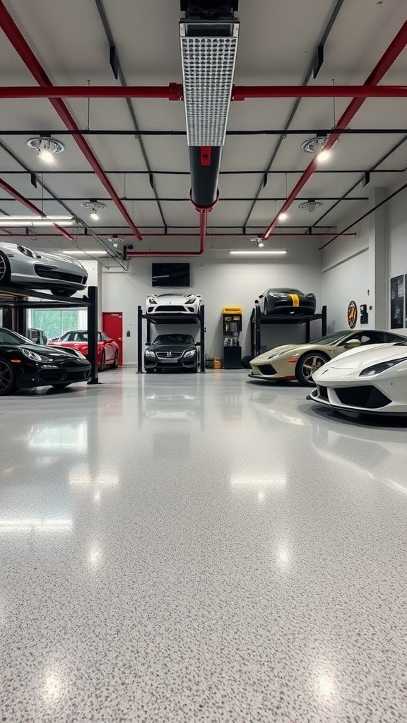 A luxurious garage interior featuring car lifts and a metallic epoxy floor