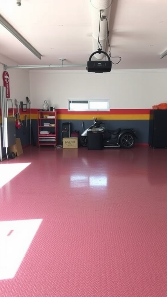 Colorful epoxy flake flooring in a modern garage setting