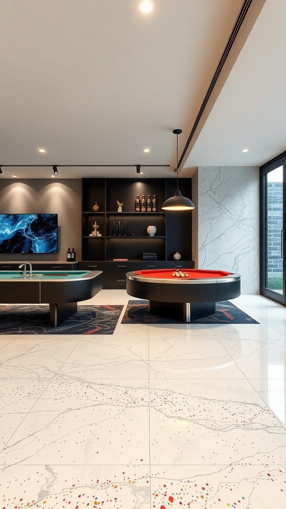 A stylish room featuring a marble epoxy floor with colorful flakes, billiard tables, and contemporary decor.