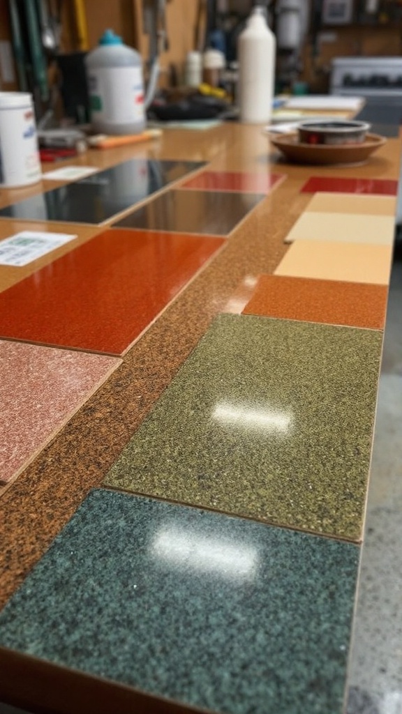 Color samples for epoxy flooring displayed on a table.
