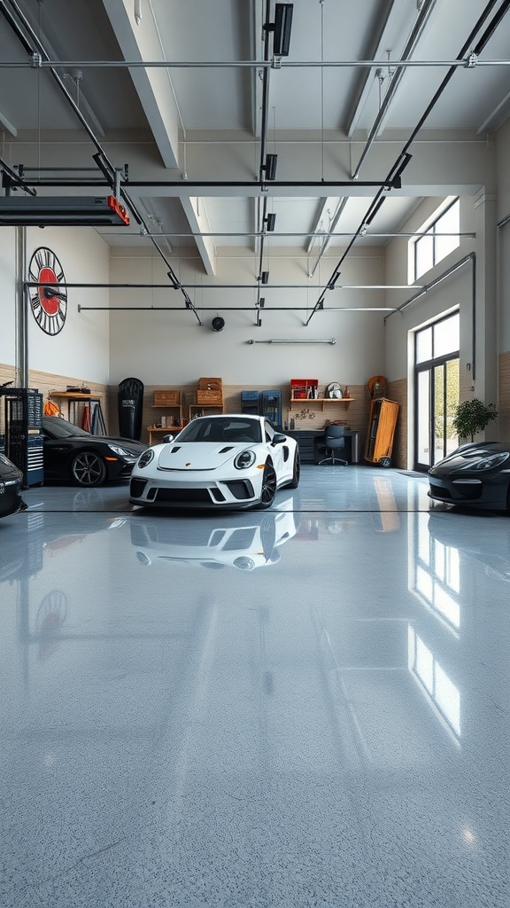 Modern car garage with a shiny epoxy concrete floor and luxury cars.
