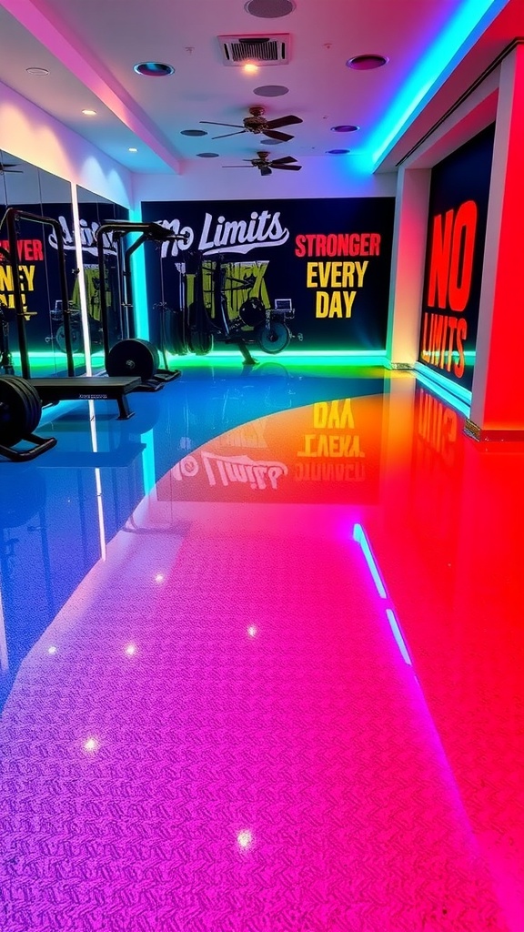 A stylish home gym featuring polished concrete and wood-style epoxy flooring.