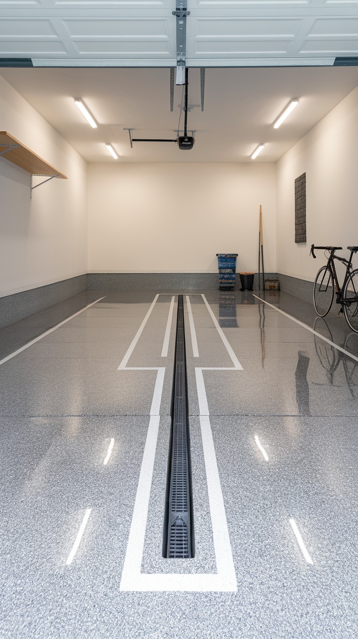 Modern garage interior with metallic epoxy flooring and integrated drainage system