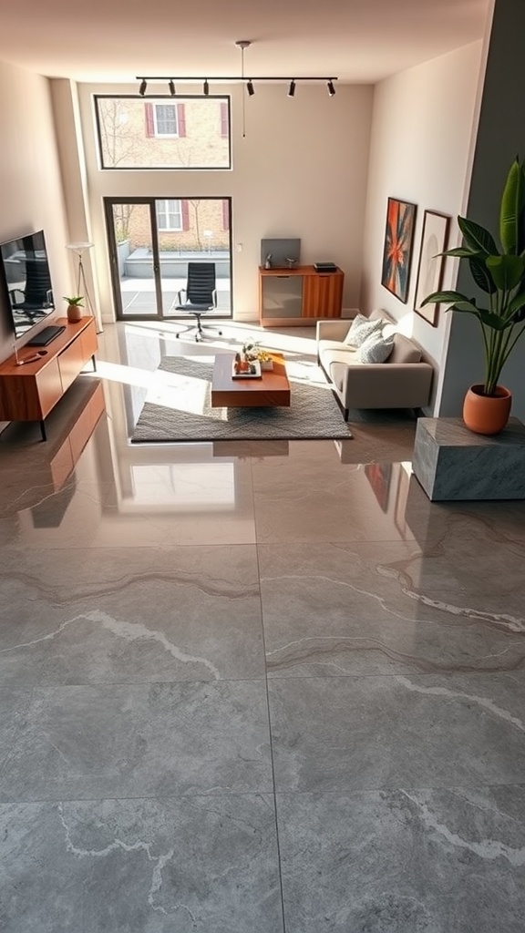 A modern living room featuring an epoxy floor with natural patterns, showcasing glossy concrete flooring, stylish furniture, and large windows.