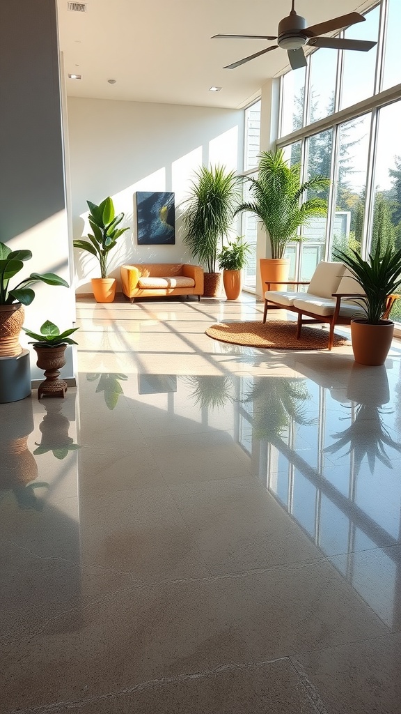 A modern living space featuring polished concrete flooring and large plants.
