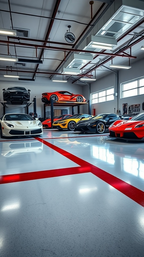 A luxurious garage featuring an epoxy floor with racing stripes, showcasing several high-end cars.