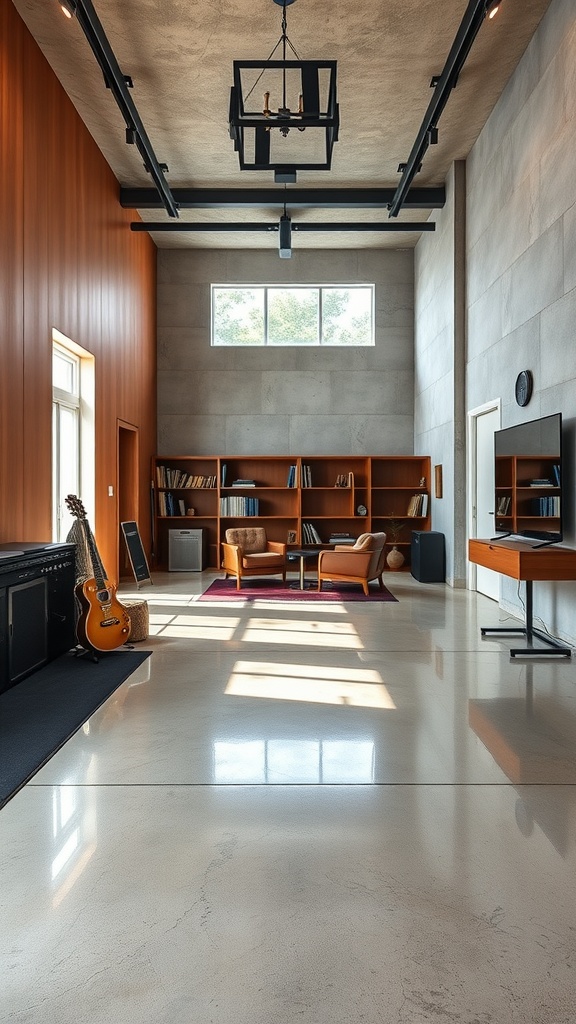 A modern living space featuring polished concrete flooring with natural light and stylish furniture.