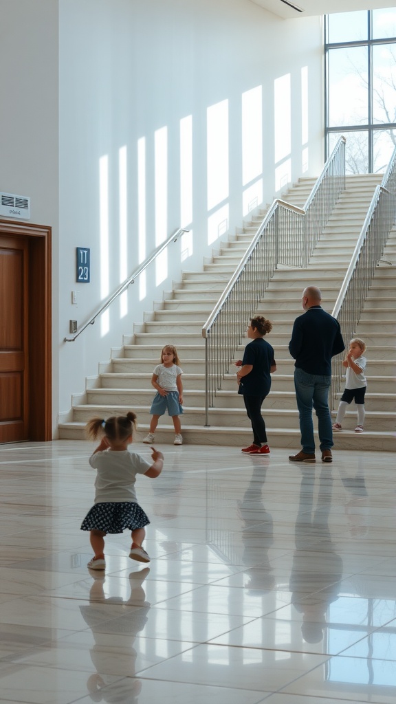 A bright entrance with a grand staircase and shiny epoxy flooring, featuring children and adults enjoying the space