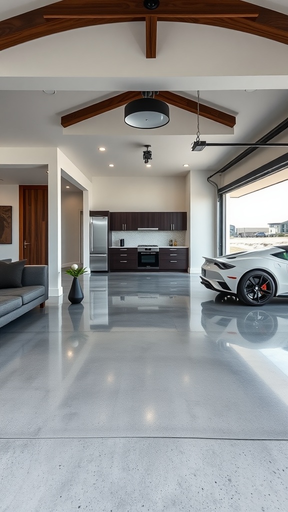 A modern garage with sleek epoxy flooring, featuring a stylish car and contemporary furnishings.