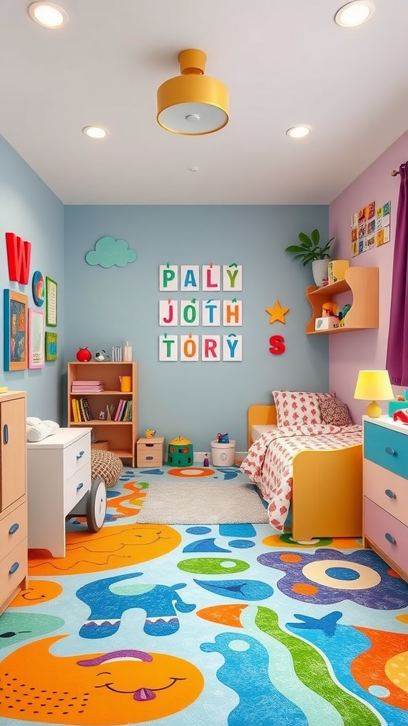 A colorful and playful children's bedroom featuring epoxy flooring with vibrant patterns, a cozy bed, and cheerful decor.