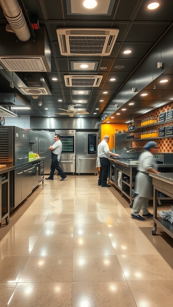 A busy kitchen with chefs working on an epoxy floor, showcasing the clean and durable surface ideal for commercial spaces.