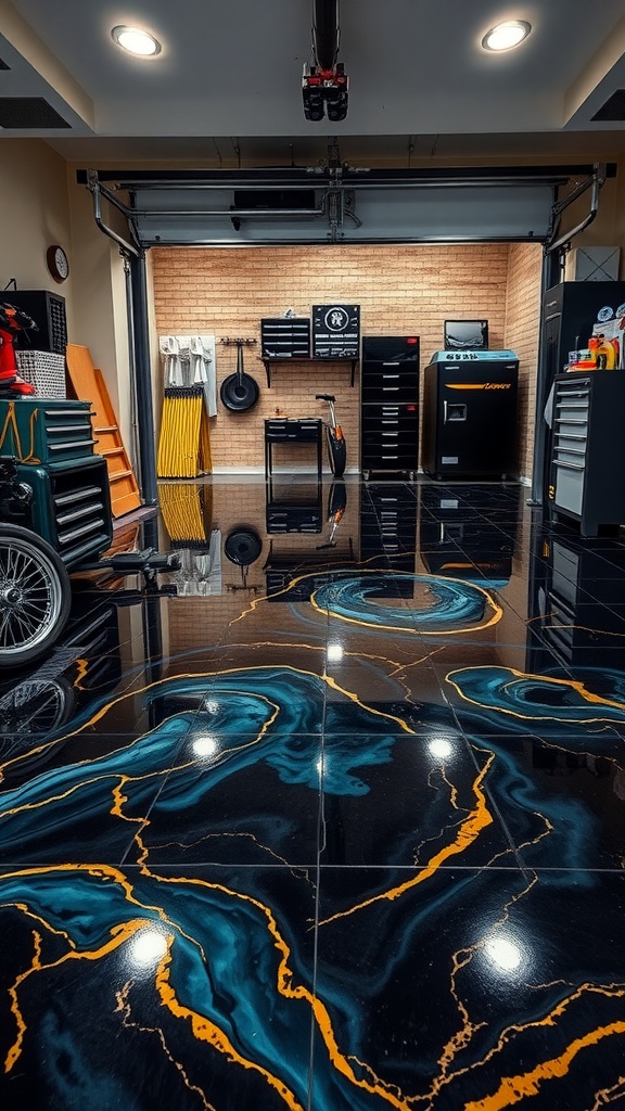 An epoxy floor design in a garage with black base and blue and orange swirls.