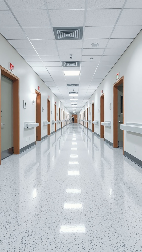 A well-lit hospital hallway with epoxy flooring