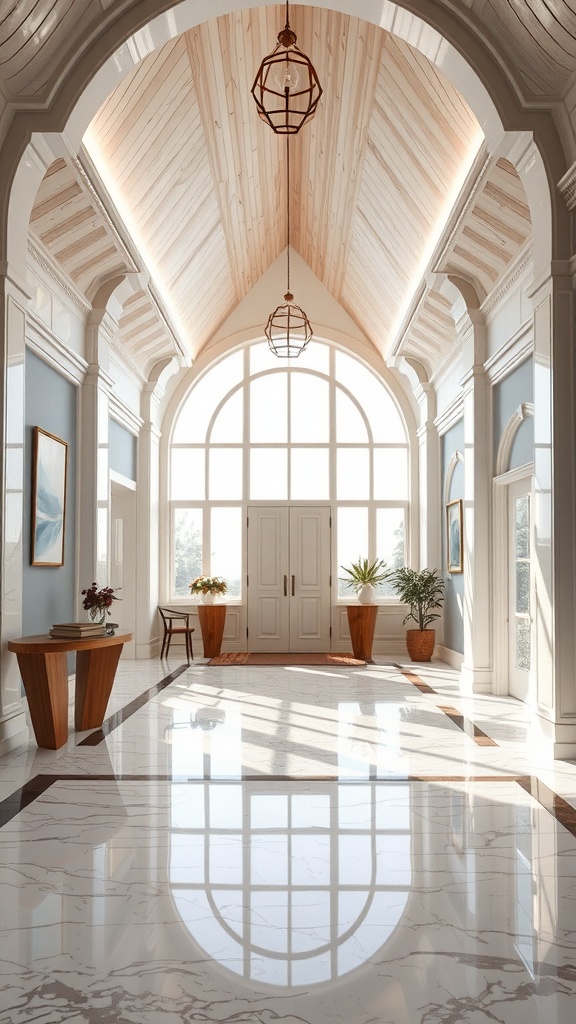 An entrance with a grand staircase and a shiny epoxy floor, bustling with people.