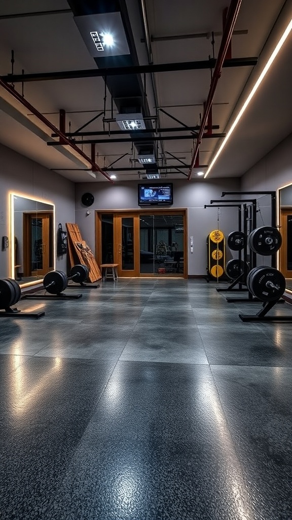 A modern home gym featuring grey epoxy flooring and various workout equipment.