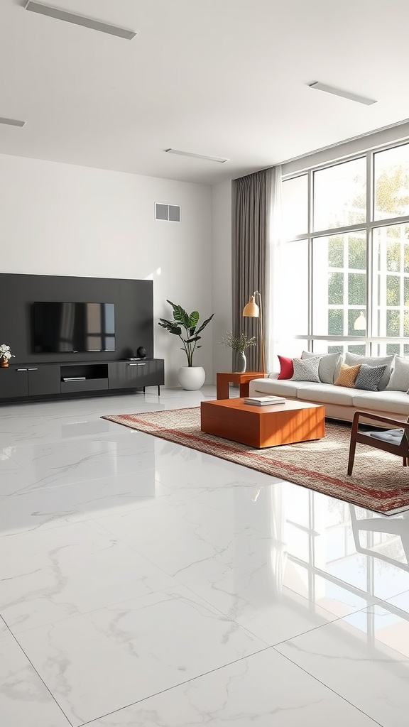 A spacious living room with modern furniture and glossy epoxy flooring