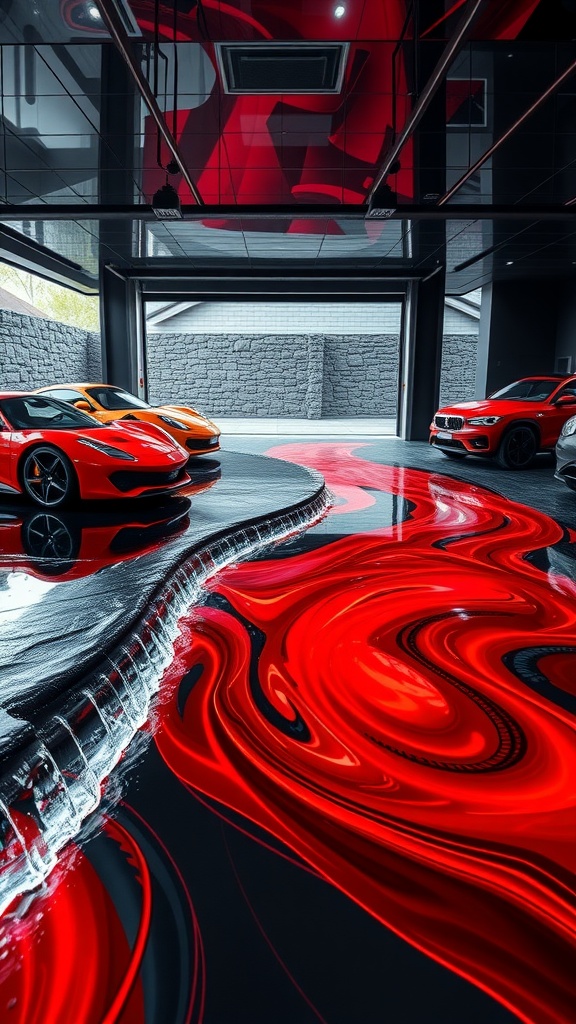 A stylish garage with a red epoxy floor featuring sleek cars.
