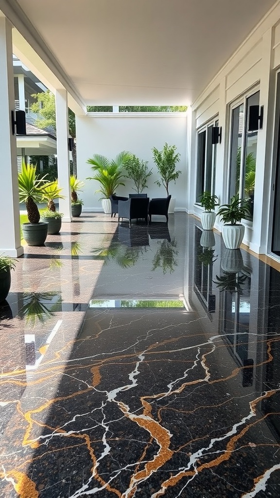 Outdoor patio with polished epoxy flooring resembling marble, surrounded by plants and lounge chairs.