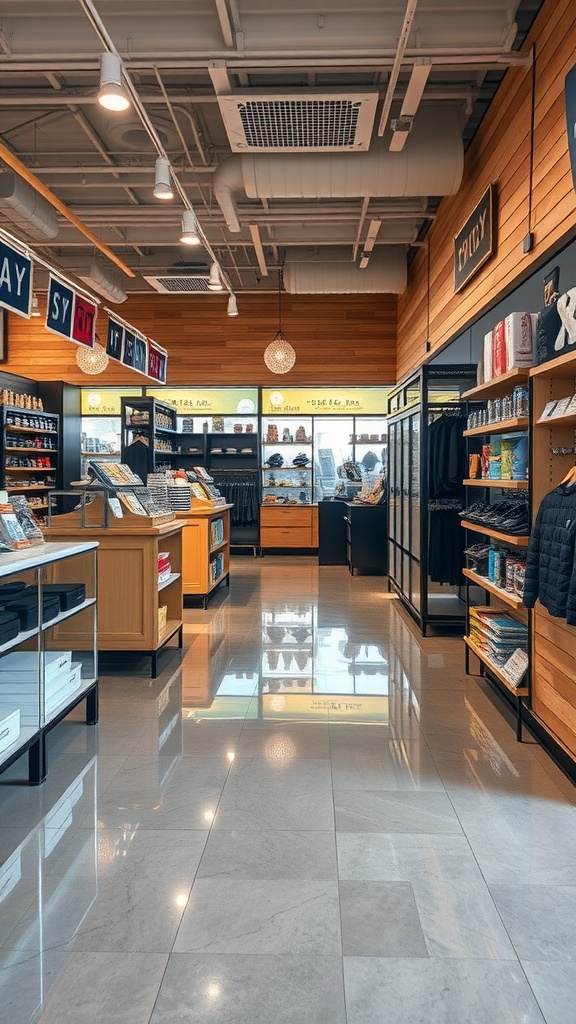 Interior of a retail store showcasing shiny epoxy flooring