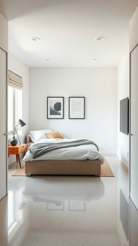 Modern bedroom with epoxy flooring, featuring a bed, artwork, and stylish lighting.