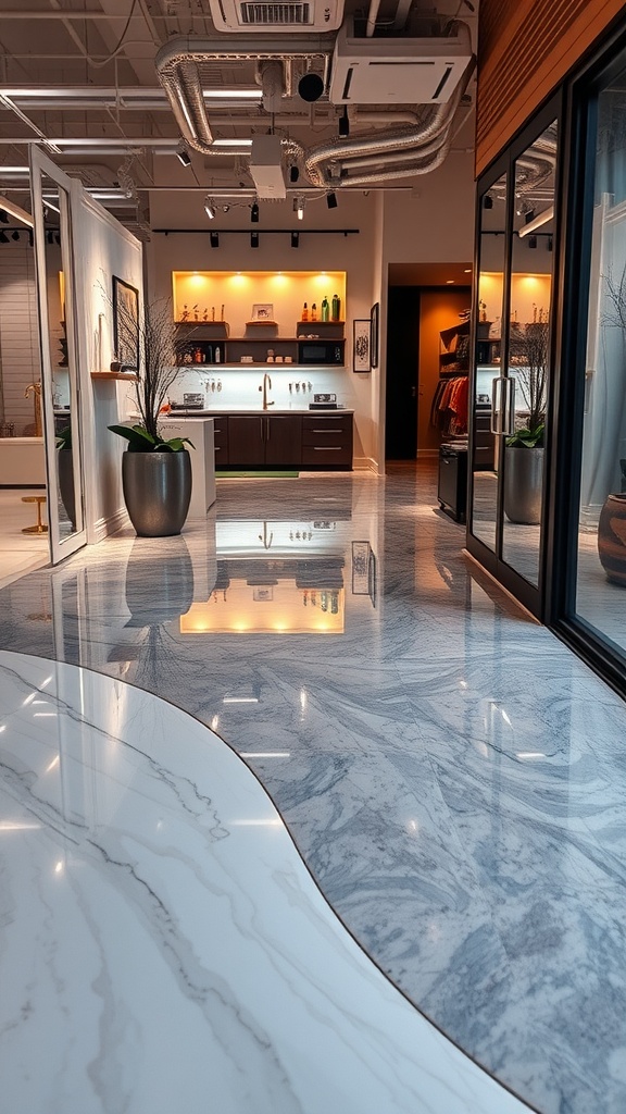 A modern commercial space with glossy epoxy flooring, showcasing a stylish interior.