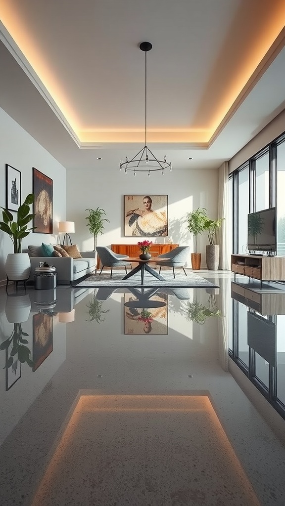 A modern living room featuring shiny epoxy flooring, stylish furniture, and decorative elements.