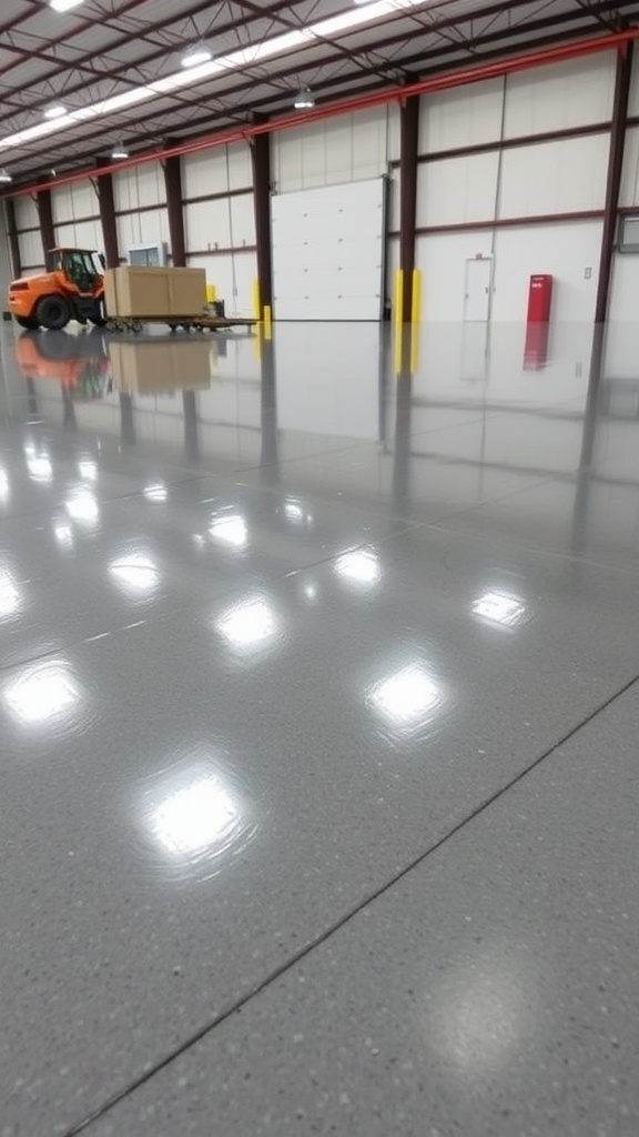 Before and after images of an epoxy flooring installation, showcasing a plain floor transformed into a colorful, patterned surface.