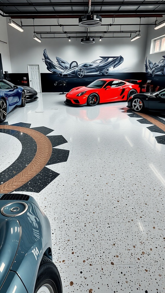 A stylish garage showcasing an artistic epoxy floor with car murals, featuring luxury vehicles.