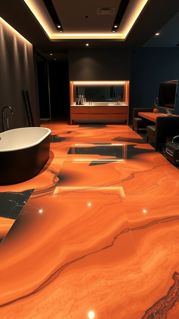 Luxurious bathroom with orange and black epoxy flooring