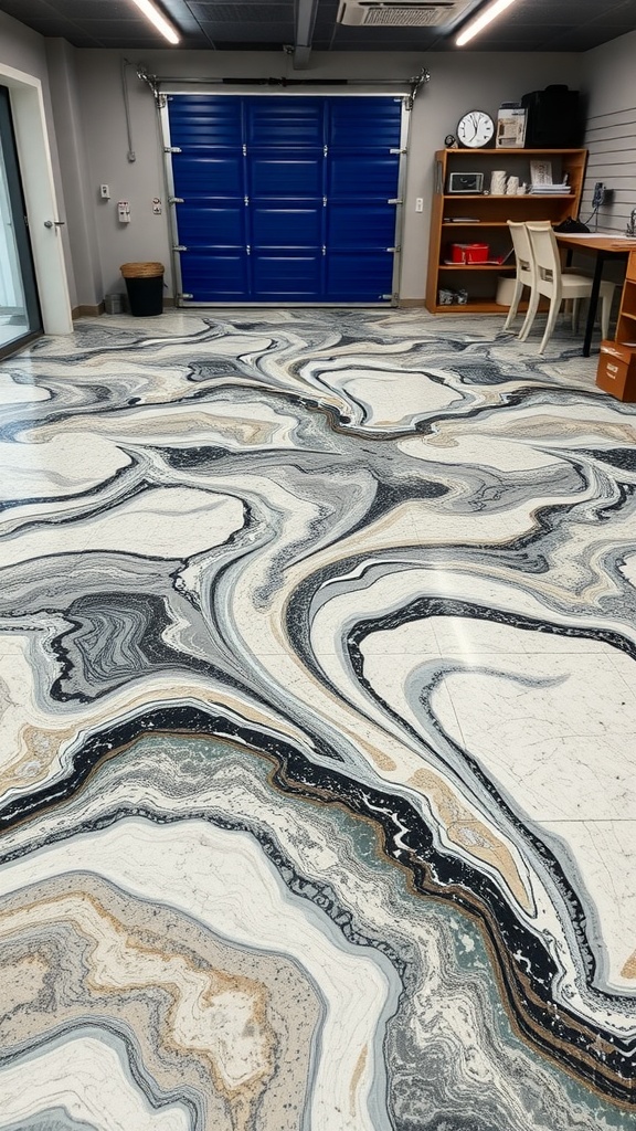 An epoxy floor featuring flowing geometric patterns in black, white, and gold.